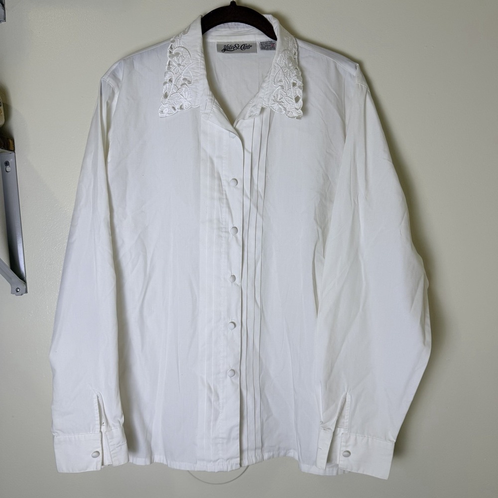 VTG Yves St. Clair Size 16 Blouse White Pleated Front Collar Button Down